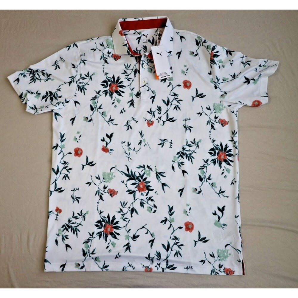 Puma MATTR Golf Polo Mens Large White Floral Performance Shirt 832261-01 NWT